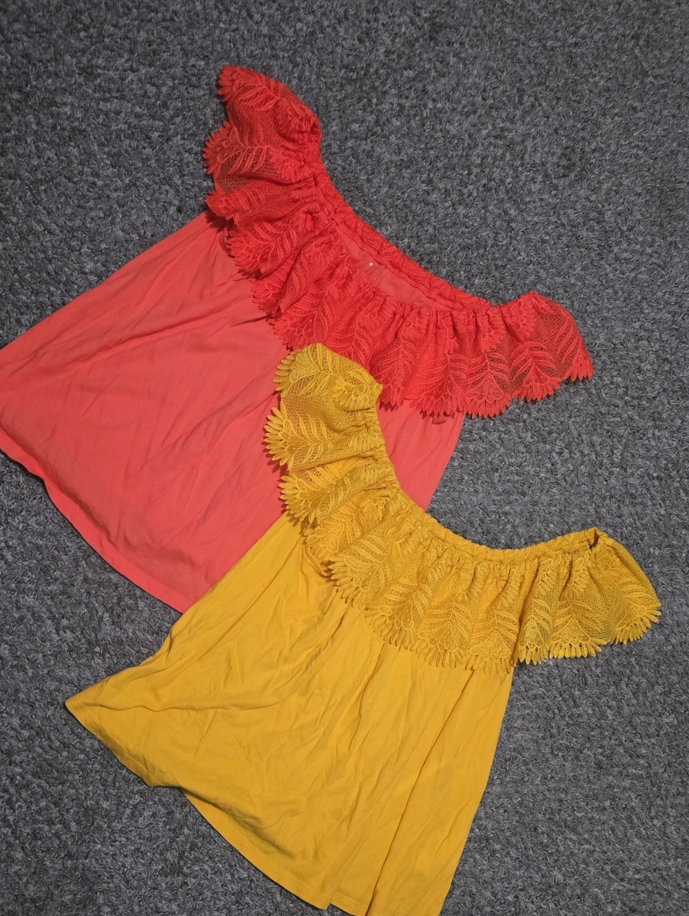 2! a new day Off-Shoulder Ruffle Tunic Top in Coral and Mustard